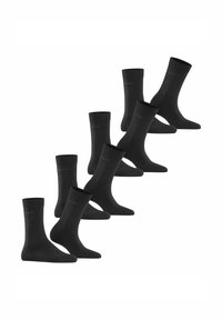 Schwarze Socken in versetzter Anordnung. Hergestellt aus einem glatten, dehnbarem Material mit gerippten Bündchen. Verfügt über ein dezentes Logo an der Seite.
