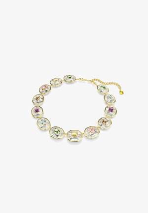 Collier en or avec des pierres octogonales facettées de différentes couleurs, entourées de pierres précieuses transparentes, doté d'une fermeture à chaîne et d'une longueur ajustable.