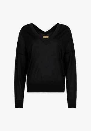 Pull noir à manches longues avec col en V, poignets et ourlet côtelés, et une petite étiquette brune au niveau de l'encolure.