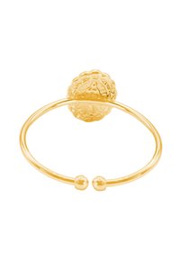 Goldring mit einer strukturierten, kugelförmigen Oberseite, ausgestattet mit einem glatten Band und kleinen kugelförmigen Akzenten an beiden Seiten. Hochglanzfinish auf der gesamten Fläche.