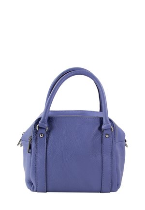 Purple leather handbag with dual handles, zipper closure, and visible stitching. Features a pebbled texture and subtle metallic accents.
