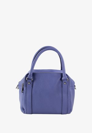 Purple leather handbag with dual handles, zipper closure, and visible stitching. Features a pebbled texture and subtle metallic accents.