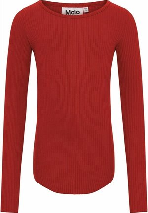 Rotes, geripptes Langarmoberteil mit rundem Ausschnitt, das eine glatte Textur und eine schlanke Passform aufweist. Markenlabel ist innen am Kragen sichtbar.