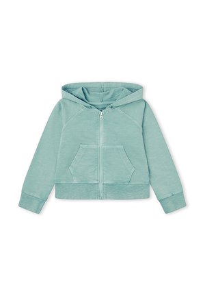 Sudadera con capucha y cremallera en color verde azulado claro, con bolsillos delanteros tipo canguro, mangas largas, puños acanalados y capucha, fabricada en un tejido suave.