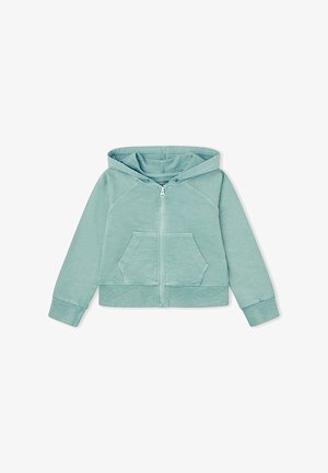 Sudadera con capucha y cremallera en color verde azulado claro, con bolsillos delanteros tipo canguro, mangas largas, puños acanalados y capucha, fabricada en un tejido suave.