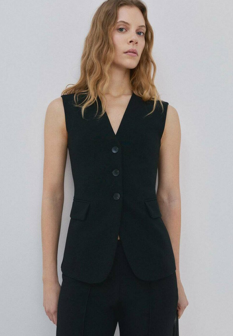 Black sleeveless vest with a v-neckline, three buttons, and two front pockets. Made of smooth fabric, features a tailored fit.