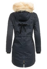 Navy blue parka with a fur-lined hood, waist tie, and embroidered logo at the back. Features long sleeves and a mid-thigh length.