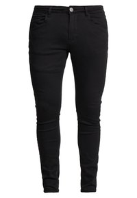 Jeans ajustados negros hechos de denim suave y elástico. Presentan bolsillos delanteros y traseros, un cierre de botón de metal y una textura suave.