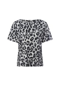 Leopard print short-sleeve t-shirt in grey and black, featuring a rounded neckline and a left chest pocket. Made from soft, lightweight fabric.