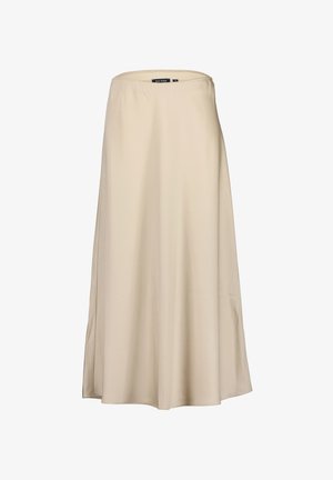 A beige, flowy A-line skirt made of smooth fabric. Features a mid-rise waistband and a subtle side slit for ease of movement.
