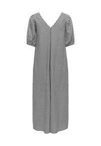 Robe midi vichy noire et blanche avec décolleté en V et manches courtes bouffantes, présentée sur fond blanc.
