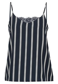 Camisole rayée noir et blanc avec fines bretelles et un décolleté orné de dentelle, fabriquée en tissu léger avec une coupe ample.