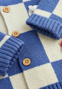 Blue and cream checkered knitted sweater with ribbed cuffs, featuring wooden buttons and textured fabric. Embroidered detailing visible.