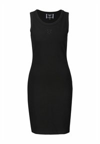 Schwarzes ärmelloses Kleid mit Rundhalsausschnitt, figurbetontem Schnitt und einem dezenten Markenlogo über der Brust. Hergestellt aus einem glatten, elastischen Stoff.