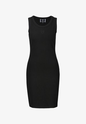 Black sleeveless dress featuring a round neckline, fitted shape, and a subtle brand logo above the chest. Made from a smooth, stretchy fabric.