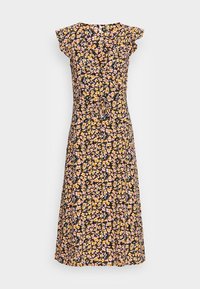 Robe midi sans manches avec des manches flottantes, décolleté en V, ceinture à la taille, en tissu noir recouvert de petits imprimés floraux jaunes et roses.