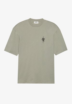Light green short-sleeve t-shirt made of soft fabric, featuring a small black snake design on the left chest. Round neckline, relaxed fit.