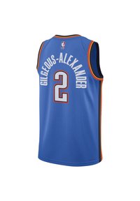 Maillot de basket bleu avec des accents noirs et orange, portant le nom "GILGEOUS-ALEXANDER" et le numéro "2" au dos.