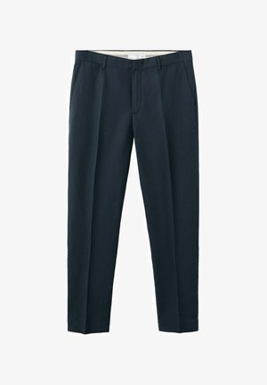 Donker marineblauwe slim-fit broek met voorzakken, riemlussen en een ritssluiting, getoond op een witte achtergrond.