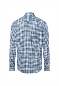 Heren overhemd met knopen in een blauw en groen geruit patroon. Heeft lange mouwen, een klassieke kraag en een ronde zoom aan de achterkant.