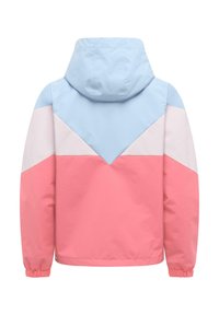 Hooded jacket with light blue upper section, white middle chevron stripe, and pink lower body and sleeves, elastic cuffs on sleeves.