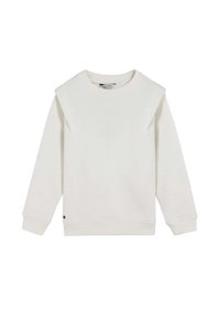 Sudadera blanca hecha de tela suave, con cuello redondo, mangas largas y un detalle en el hombro. Incluye un pequeño logo en el dobladillo.