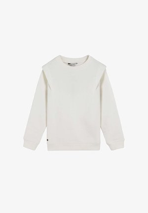 Hanorac alb din material moale, cu decolteu rotund, mâneci lungi și un detaliu accentuat pe umăr. Include un logo mic la tiv.