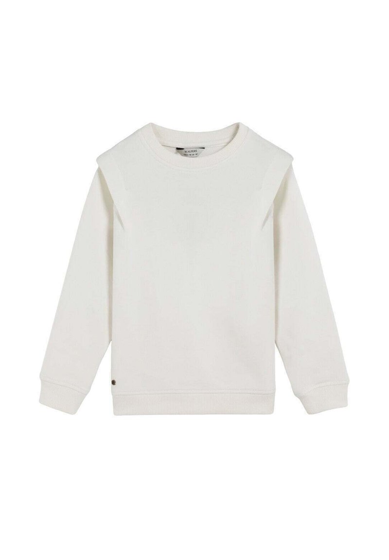 Sudadera blanca hecha de tela suave, con cuello redondo, mangas largas y un detalle en el hombro. Incluye un pequeño logo en el dobladillo.