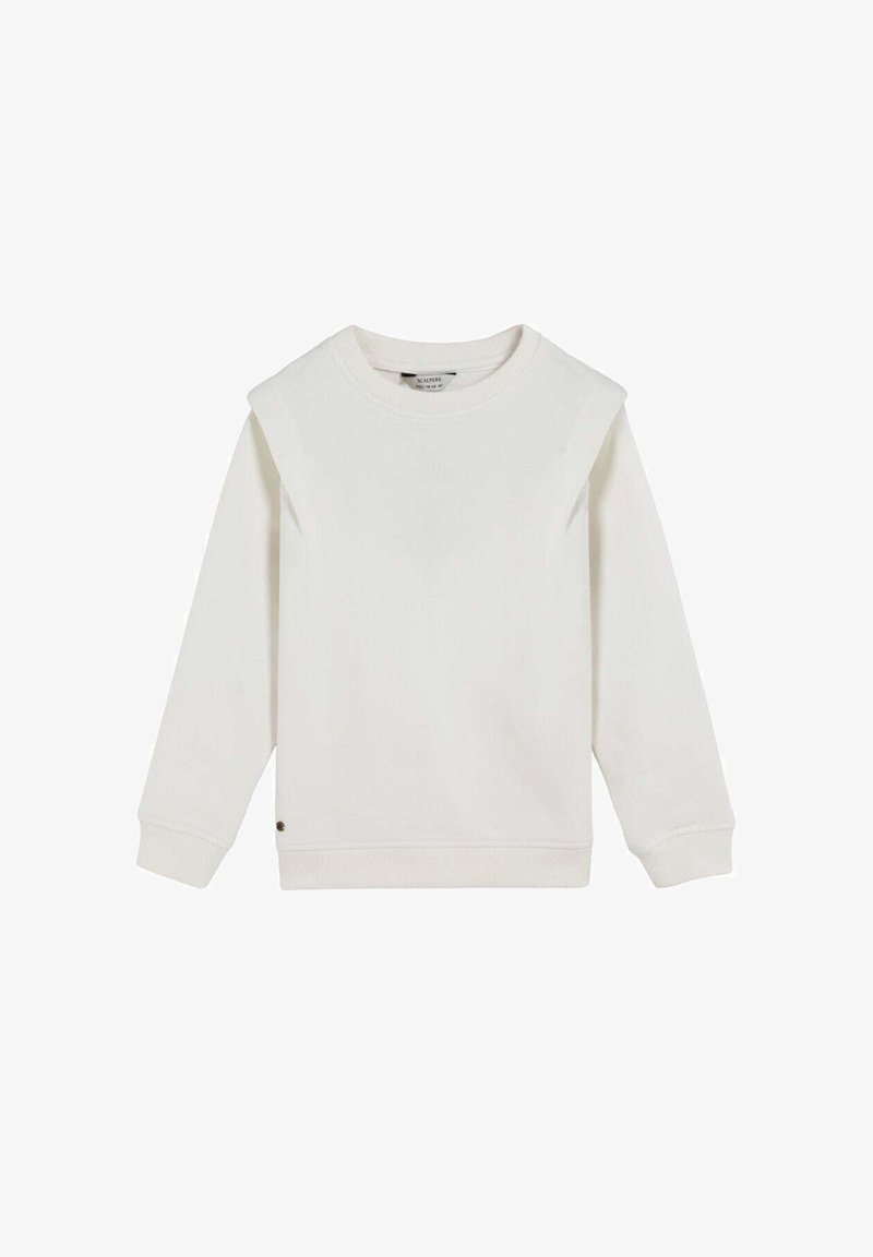 Sweat-shirt blanc en tissu doux, avec col rond, manches longues et détail d'accent sur l'épaule. Comprend un petit logo à l'ourlet.