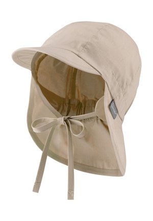 Beige bucket hat with a wide brim, made of lightweight fabric, featuring a drawstring for adjustment and a small label on the side.