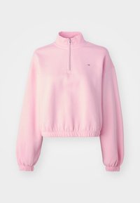 Felpa corta rosa in tessuto morbido, con collo alto, chiusura a mezza zip e polsini ed orlo elasticizzati. Dettaglio con piccolo logo.