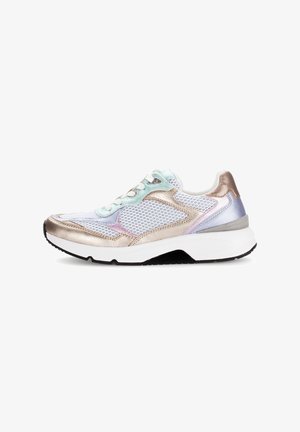 Sneaker with a breathable mesh upper, metallic gold and silver accents, light blue laces, and a cushioned white midsole. Black rubber outsole.