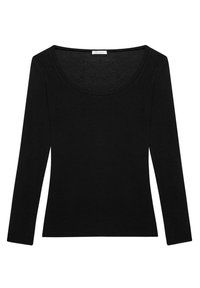 Maglietta nera a maniche lunghe realizzata in tessuto elastico, con scollo rotondo e design aderente, texture liscia senza motivi visibili.