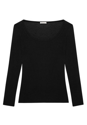 Maglietta nera a maniche lunghe realizzata in tessuto elastico, con scollo rotondo e design aderente, texture liscia senza motivi visibili.