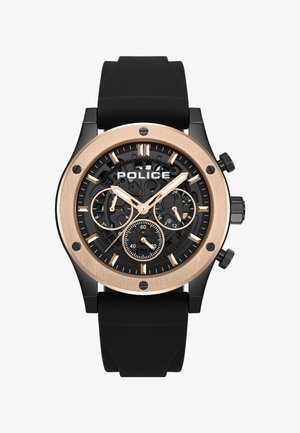 Schwarze Gummiband-Uhr mit einem Gehäuse in Roségold, schwarzem Zifferblatt und drei Zähleranzeigen. Verfügt über auffällige Stundenmarkierungen und leuchtende Zeiger.