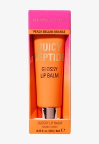 Glansete lepperbalm i en ferskenfarget tube med sølvdetaljer. Innpakningen har fet tekst: "Juicy Peptide" og "Glansete Lepperbalm."