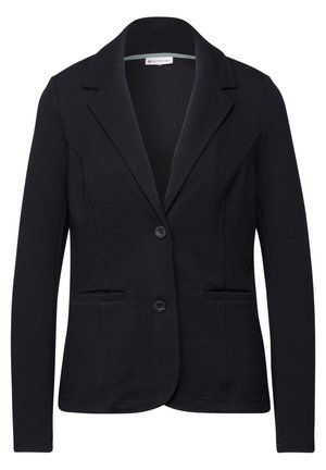 Blazer navy hecho de tejido texturizado con solapa muestrera, dos bolsillos frontales y cierre de un botón. Ajuste entallado.
