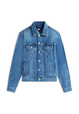 Blauwe spijkerjasje met knoopsluiting aan de voorkant, twee borstzakken met kleppen, twee steekzakken aan de zijkant en een klassieke kraag.