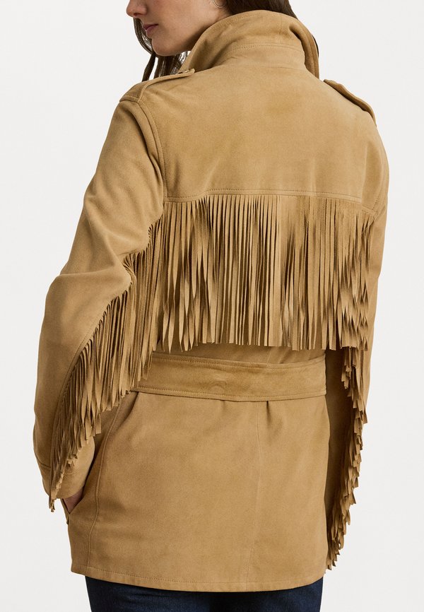 FRINGE TRIM BELTED GOAT SUEDE JACKET - Leather jacket - camel2