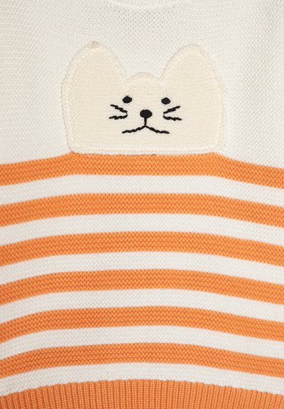 Kootud kangas oranžide ja valgete triipudega, millel on kolmemõõtmeline kassi nägu kõrvaste ja tikitud vurrudega üleval.