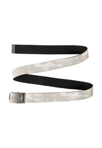 Zwarte verstelbare riem met een greige patroonriem met geometrische ontwerpen en een metalen gesp. Gladde textuur overal.