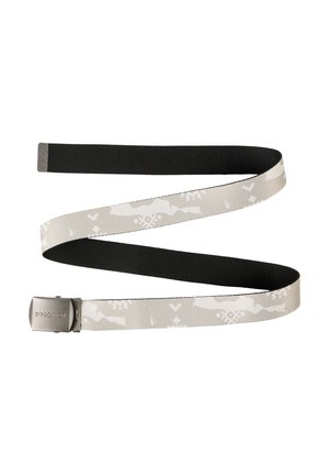 Zwarte verstelbare riem met een greige patroonriem met geometrische ontwerpen en een metalen gesp. Gladde textuur overal.