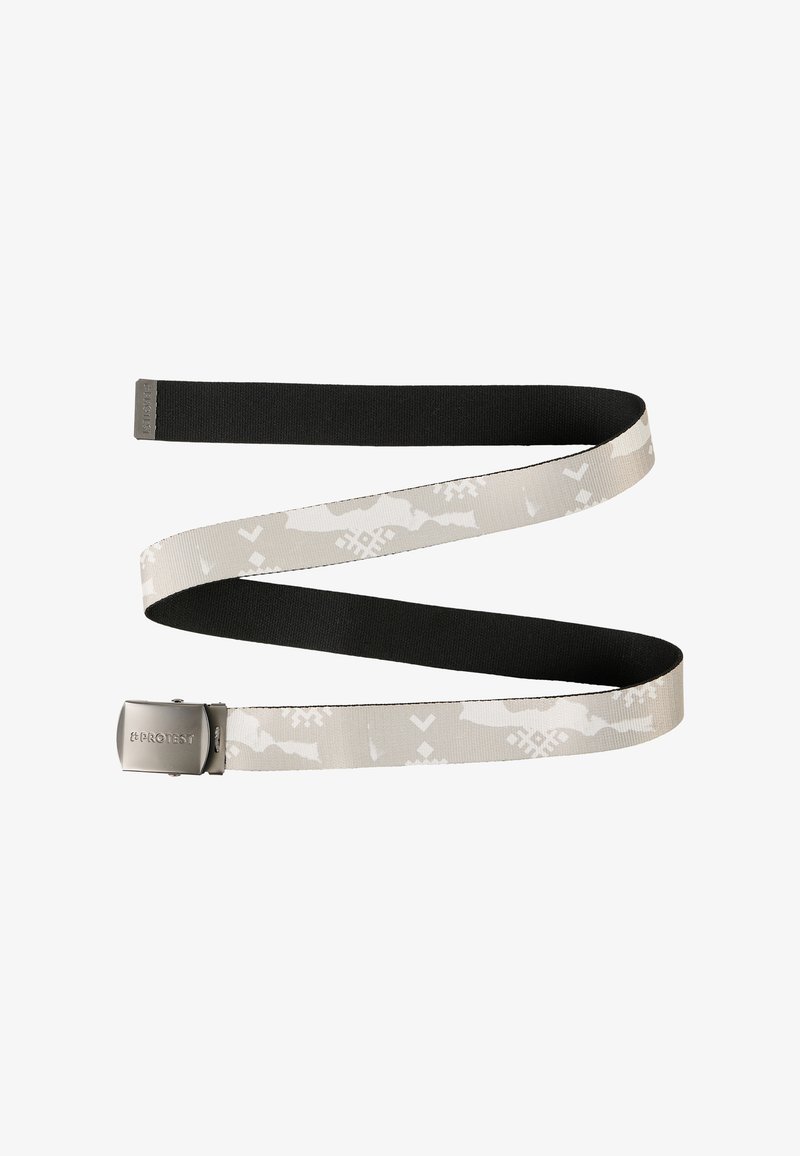 Zwarte verstelbare riem met een greige patroonriem met geometrische ontwerpen en een metalen gesp. Gladde textuur overal.