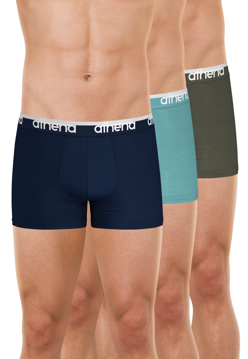 Trois paires de boxer pour hommes en marine, teal et vert olive. Dotés d'une taille élastique douce avec le logo de la marque. Le matériau semble lisse.