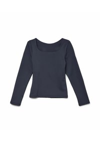 Długi rękaw w ciemnym granacie, z kwadratowym dekoltem i dopasowanym krojem. Wykonany z gładkiego, elastycznego materiału o czystym wykończeniu.