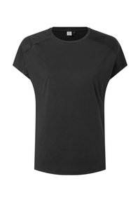 Black short-sleeve t-shirt with a smooth texture, rounded neckline, and subtle seam detailing at the shoulders. Lightweight and casual design.