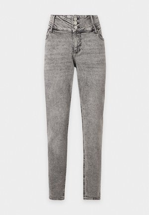 Γκρι skinny τζιν με υψηλή μέση και όψη acid-wash, με τρία εμπρόσθια κουμπιά και τσέπες μπροστά και πίσω.