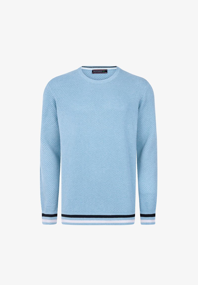 Hellsblauer Strickpullover mit strukturiertem Muster. Hat einen runden Ausschnitt, lange Ärmel und gestreifte Bündchen sowie einen Saum in Marineblau und Weiß.