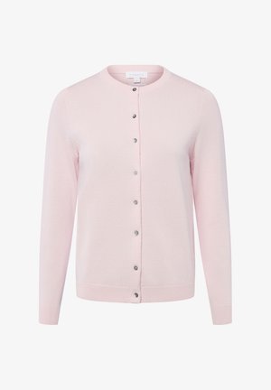 Lichtroze vestje gemaakt van zachte gebreide stof, met een ronde hals, lange mouwen en een knoopsluiting met metalen accenten.