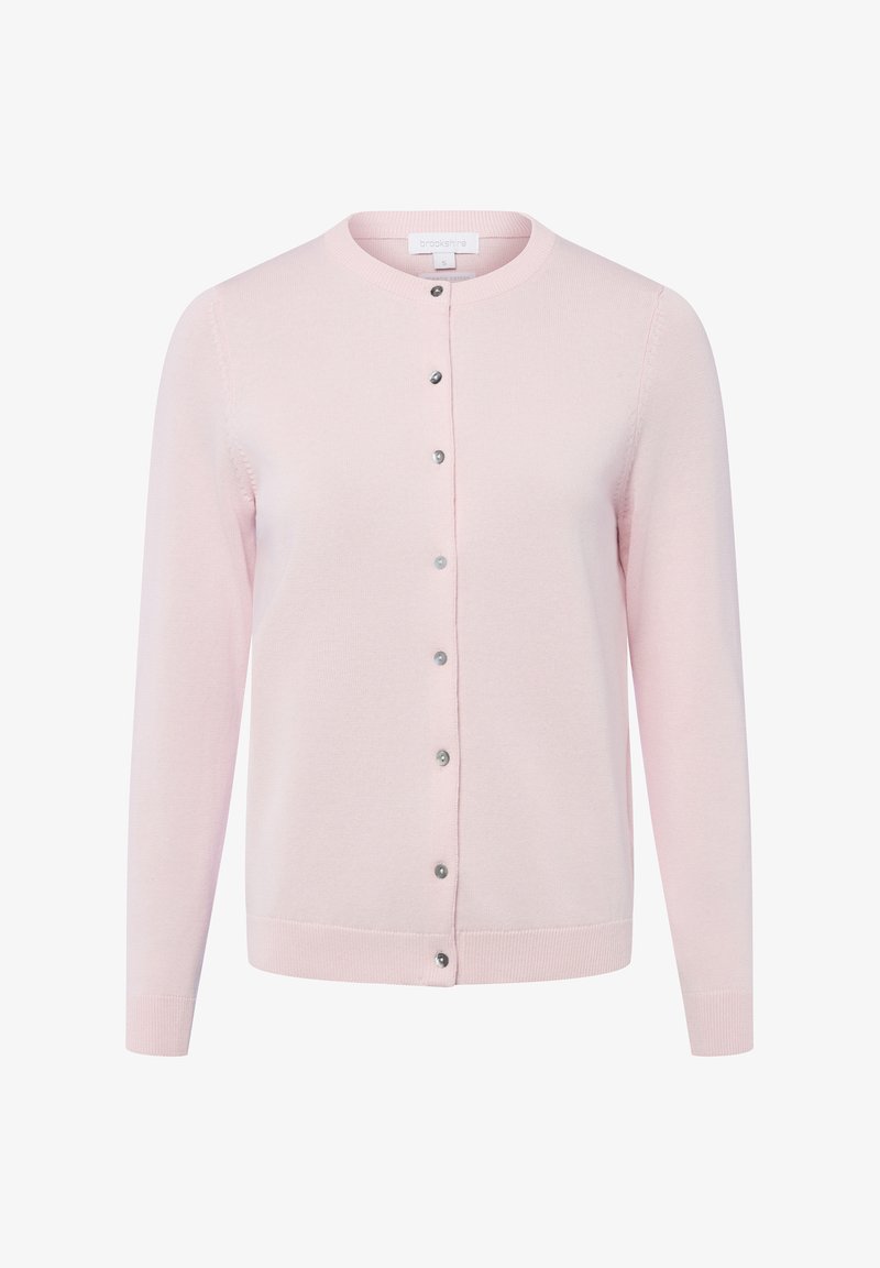 Lichtroze vestje gemaakt van zachte gebreide stof, met een ronde hals, lange mouwen en een knoopsluiting met metalen accenten.